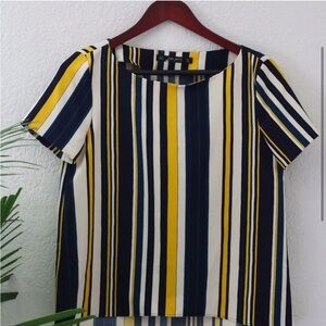 Zara Navy, Yellow & White Striped Short-Sleeve Top Medium